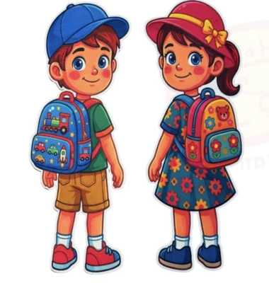 קישוט קיר לבד ילד+ילדה עם תיקי גב